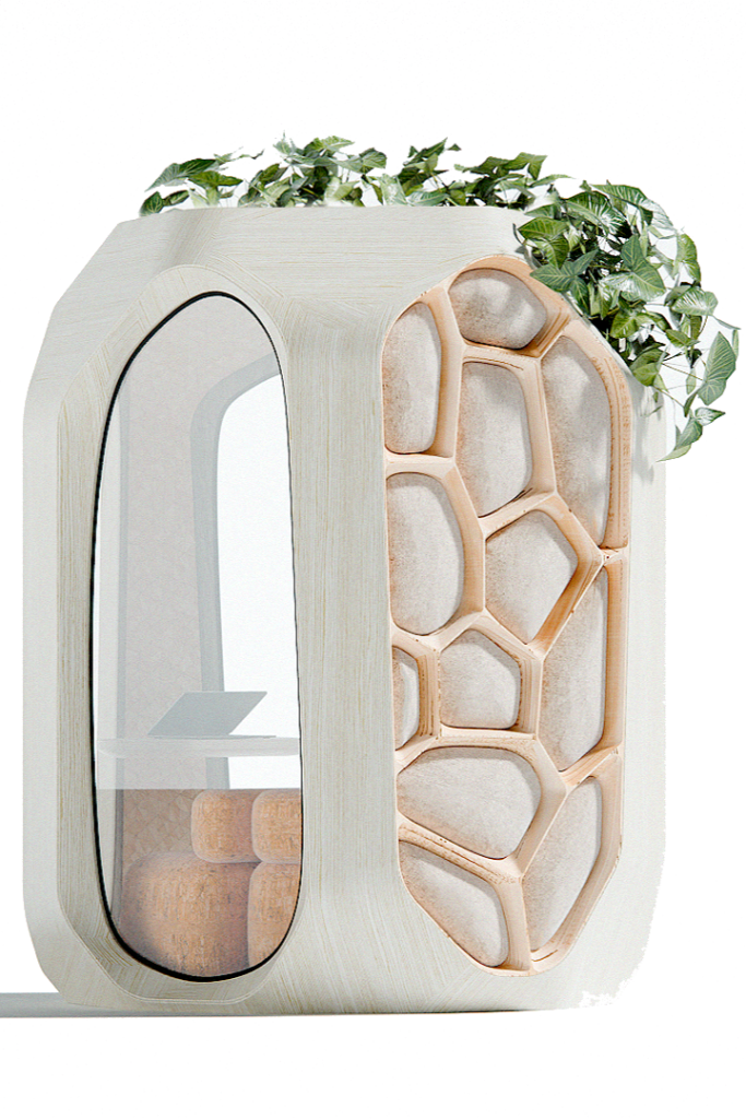 Render futurystycznej, jasnej budki akustycznej o obłym kształcie, przypominającym kapsułę. Charakterystycznym elementem jest wgłębienie na dachu wypełnione gęstą, zieloną roślinnością zwisającą kaskadowo po ściankach. Budka posiada duże, eliptyczne przeszklenia oraz boczny panel o strukturze plastra miodu. Wewnątrz widoczne jest miękkie, brzoskwiniowe siedzisko oraz stolik z laptopem, co tworzy idealne warunki do pracy w otoczeniu natury.