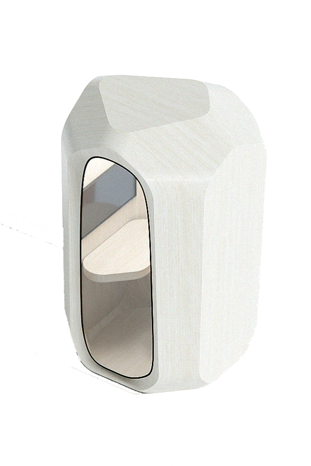 Wizualizacja budki akustycznej Organic widocznej z góry pod kątem, co ukazuje jej unikalny, wielościenny kształt przypominający oszlifowany kryształ lub kamień. Górna powierzchnia jest płaska i trójkątna, a ściany boczne łagodnie schodzą ku dołowi. Przez owalne przeszklenie widać jasny blat roboczy zamontowany wewnątrz kabiny. Całość ma jasną, naturalną teksturę drewna lub wysokiej jakości laminatu.