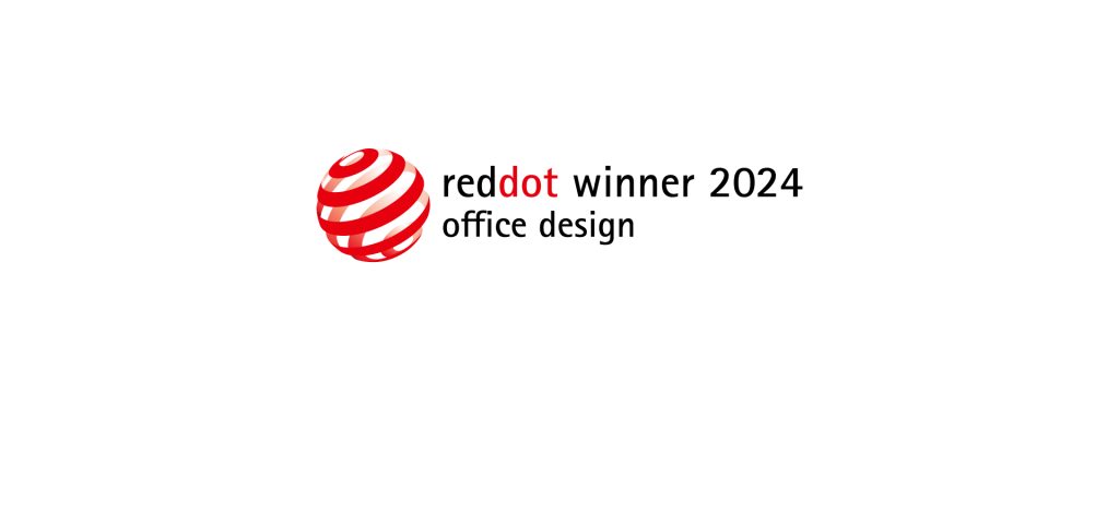 Oficjalne logo nagrody Red Dot: Winner 2024 w kategorii „office design”. Po lewej stronie znajduje się charakterystyczny symbol czerwonej kuli z białymi, spiralnymi pasami, a po prawej czarny napis na białym tle.