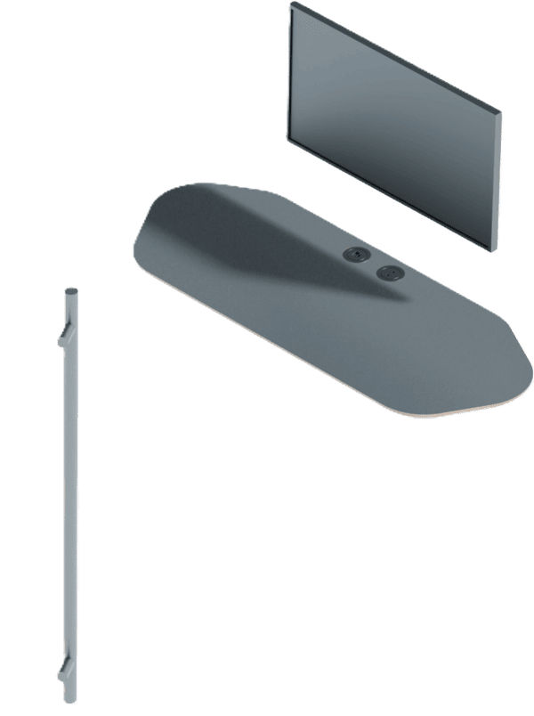 Wizualizacja komponentów wyposażenia wnętrza budki akustycznej w rzucie izometrycznym. Zestaw zawiera długi, szary blat o ściętych krawędziach z dwoma wbudowanymi gniazdami zasilającymi. Nad blatem znajduje się płaski, czarny monitor, a z boku widoczna jest pionowa szyna montażowa lub wspornik.