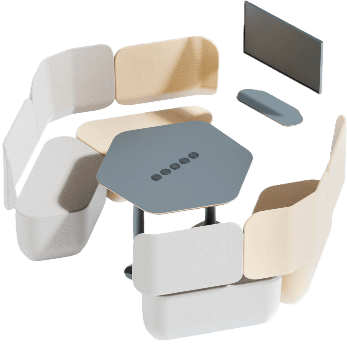 Wizualizacja rozbudowanego zestawu mebli biurowych w rzucie izometrycznym. W centrum znajduje się duży, szary stół w kształcie sześcioboku (heksagonu) z pięcioma wbudowanymi gniazdami zasilającymi ułożonymi w linii. Wokół stołu rozmieszczone są trzy tapicerowane kanapy z wysokimi panelami ochronnymi w kolorach kremowym i jasnobeżowym. W tle widoczny jest wolnostojący monitor oraz dopasowana półka pod ekran.