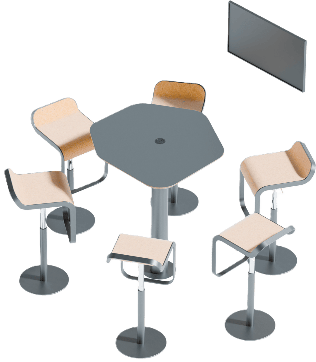 Wizualizacja zestawu mebli konferencyjnych w rzucie izometrycznym na jasnym tle. Zestaw zawiera wysoki, szary stół o heksagonalnym blacie z centralnym punktem zasilającym oraz pięć nowoczesnych hokerów z jasnymi siedziskami i czarnymi oparciami. W tle widoczny jest duży, czarny monitor zamontowany na ścianie.