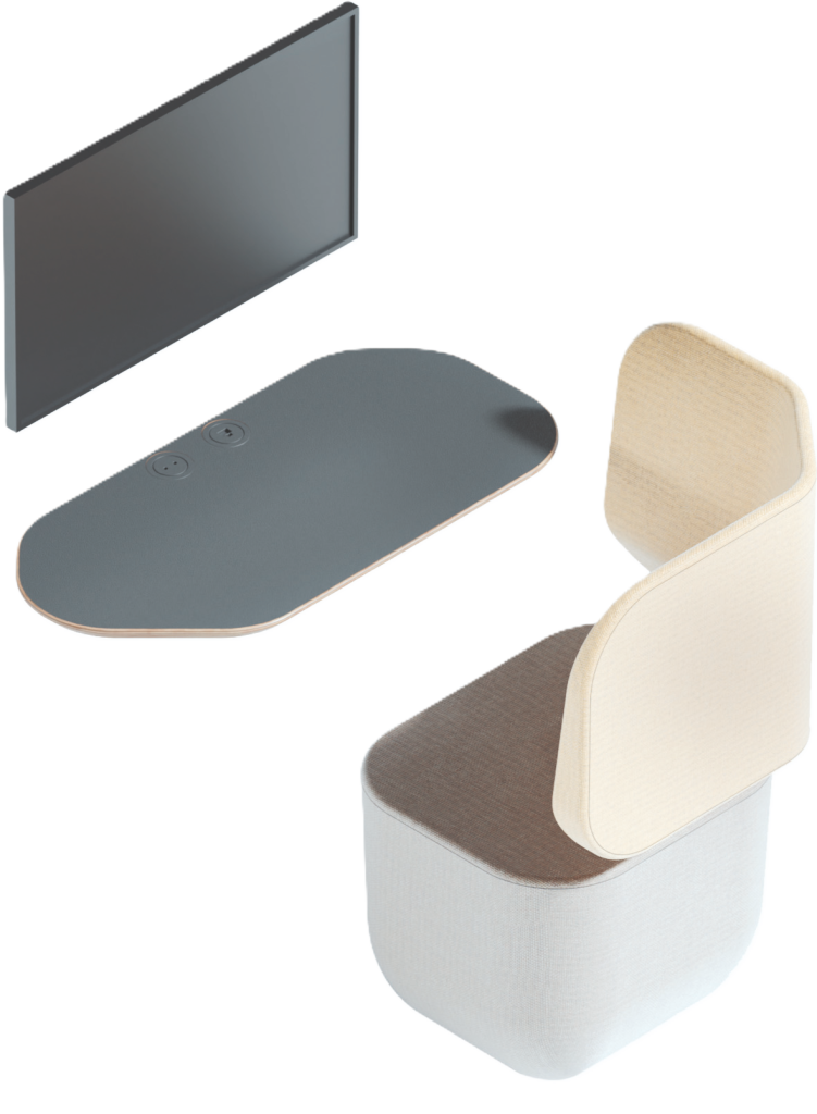 Wizualizacja elementów wyposażenia wewnętrznego budki akustycznej na jasnoszarym tle. Widoczne jest tapicerowane siedzisko z wysokim oparciem w dwóch odcieniach beżu, owalny stolik z szarym blatem wyposażony w dwa gniazda zasilające (mediaporty) oraz zawieszony powyżej czarny monitor. Elementy prezentują nowoczesny, minimalistyczny design.