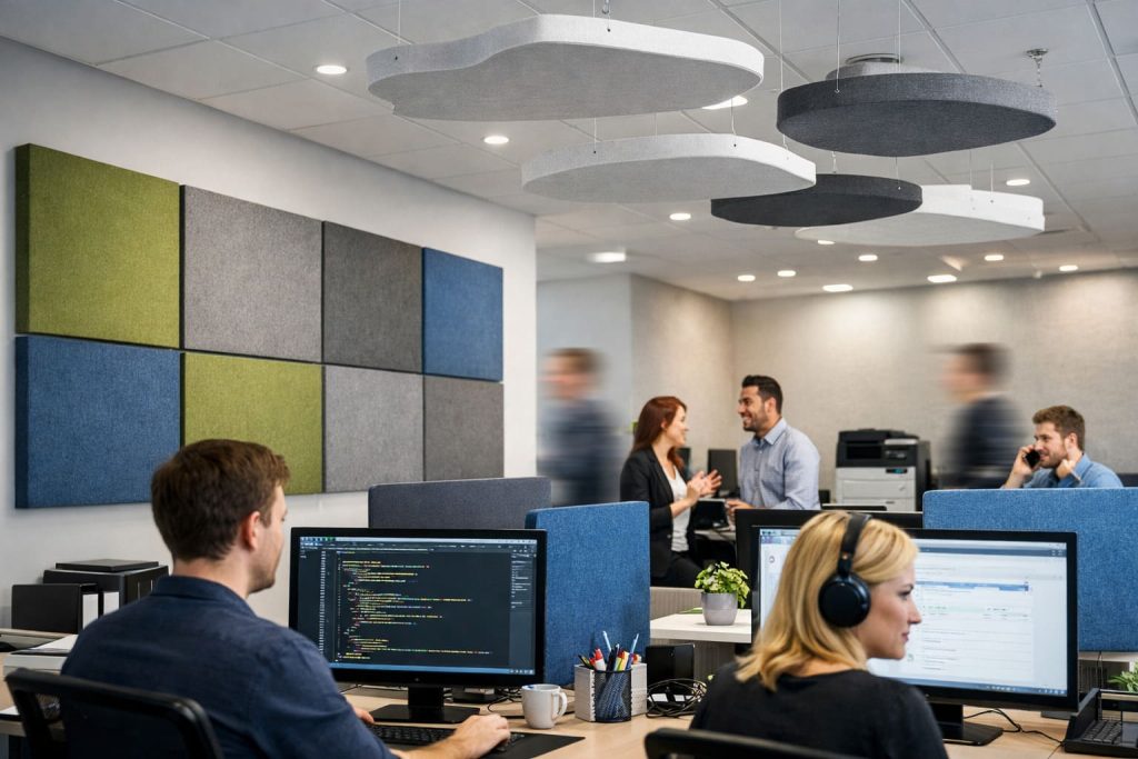 Pracownicy w biurze z kolorowymi kwadratowymi panelami na ścianie oraz wiszącymi, obłymi wyspami akustycznymi pod sufitem