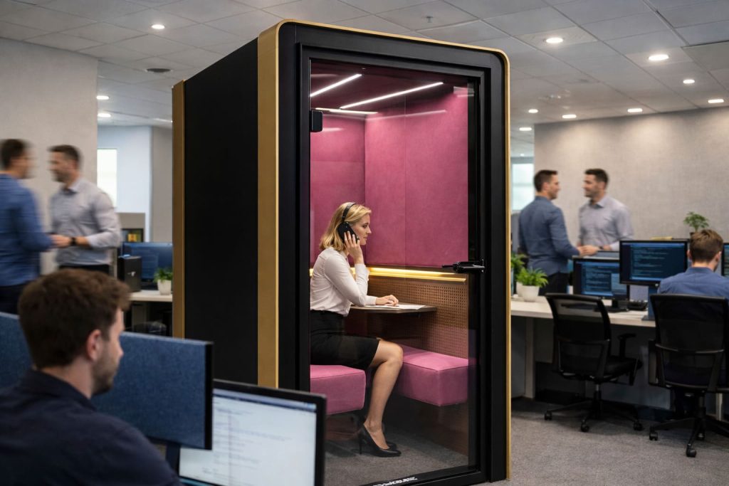 Kobieta rozmawiająca przez telefon wewnątrz nowoczesnej, fioletowej kabiny akustycznej w biurze typu open space
