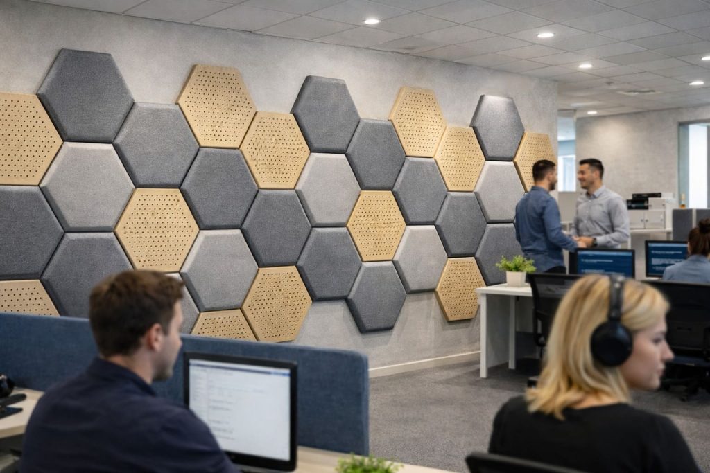 Ściana w nowoczesnym biurze pokryta szarymi i drewnianymi panelami akustycznymi w kształcie plastrów miodu