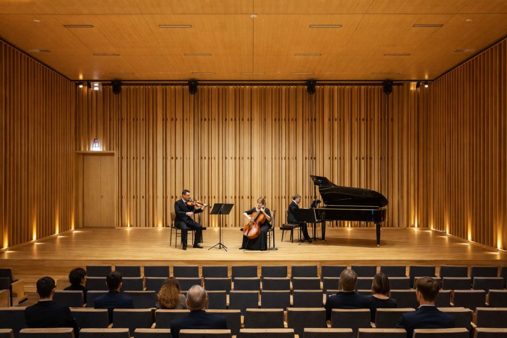 Występ zespołu kameralnego z pianistą, wiolonczelistką i skrzypkiem na drewnianej scenie nowoczesnej sali koncertowej z pionowymi panelami akustycznymi