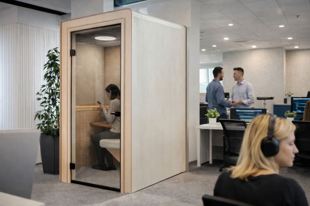 Kobieta pracująca w wyciszonej kabinie telefonicznej w nowoczesnym biurze typu open space