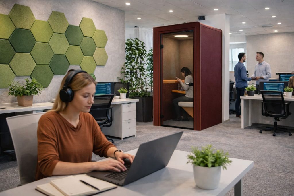 Pracownicy w nowoczesnym biurze z czerwoną budką telefoniczną oraz zielonymi panelami akustycznymi w kształcie plastra miodu na ścianie