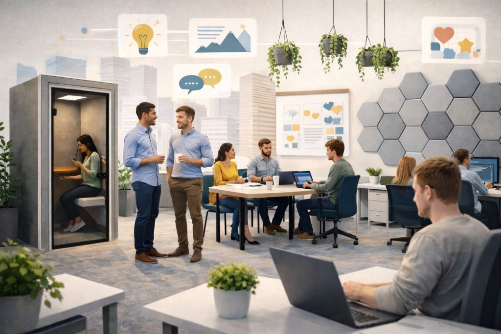 Ilustracja przedstawiająca zespół pracujący w jasnym biurze z szarą budką telefoniczną, panelami akustycznymi na ścianie oraz grafikami koncepcyjnymi unoszącymi się nad pracownikami
